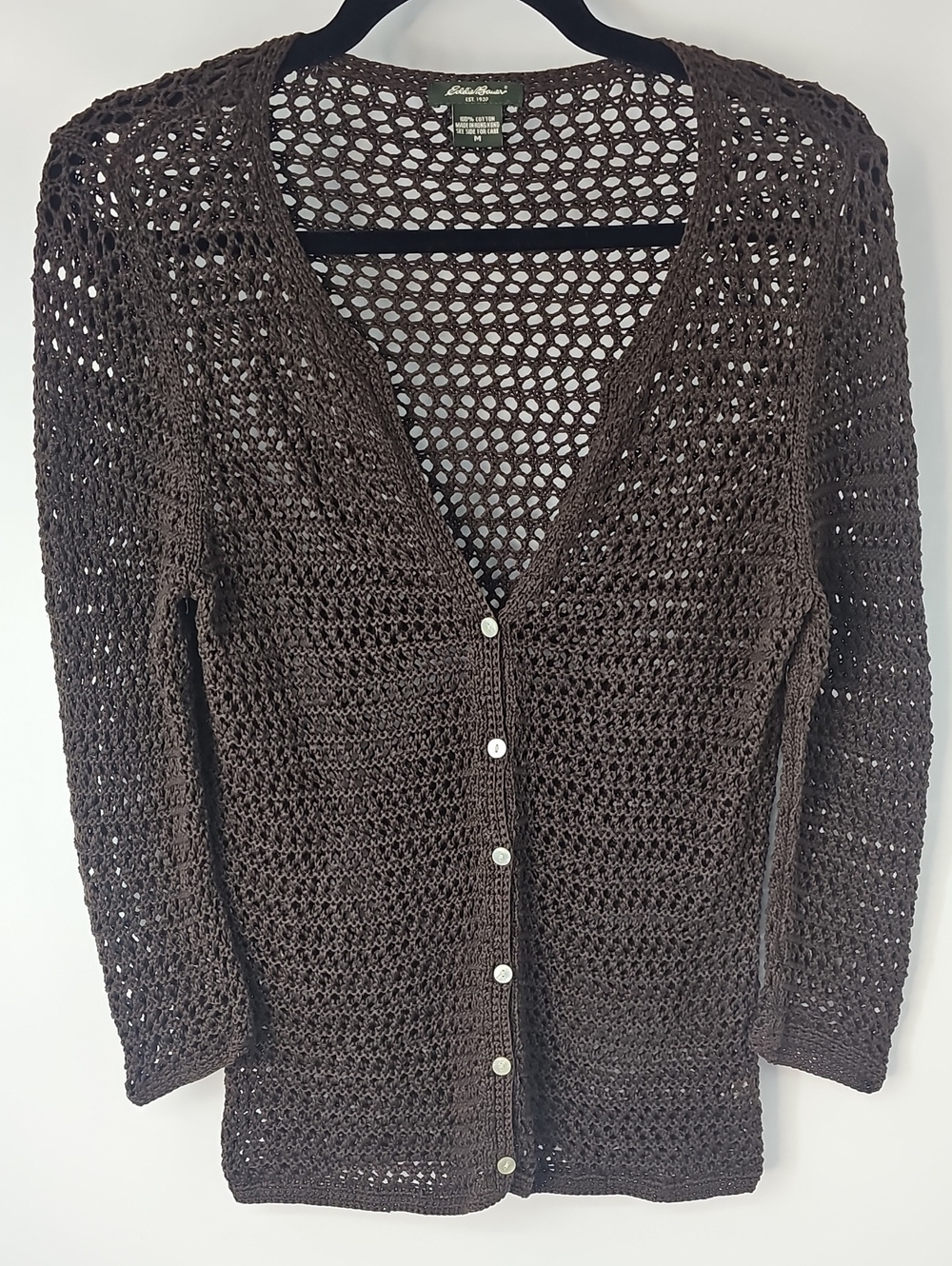 Eddie Bauer Chocolate Brown Open Knit Crochet Button Front 3/4 Sleeve Cardigan